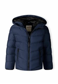 Navy blue puffer jacket with a zip front, hood, and two zippered side pockets. Features a quilted texture and black interior lining.