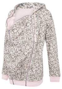 Felpa con motivo floreale in verde, rosa e bianco. Presenta una cerniera frontale, polsini elastici e un tessuto morbido e texturizzato. Altezza media.