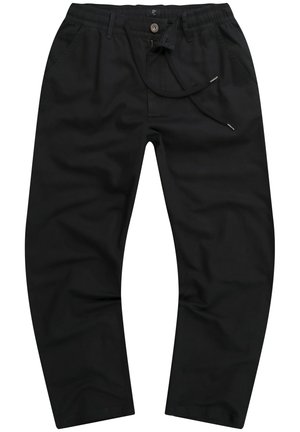 Zwarte, lichte broek met een elastische tailleband, verstelbare sluiting en zakken. Gemaakt van gladde stof met een rechte pijp.