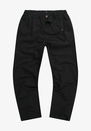 Czarne, lekkie spodnie z elastycznym paskiem w talii, z troczkiem oraz kieszeniami. Wykonane z gładkiego materiału o prostym kroju nogawki.