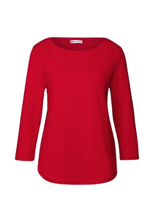 Czerwona, długosleeve T-shirt z miękkiego materiału. Ma szeroki dekolt i zaokrąglony dół. Prosty, jednolity kolor bez wzorów czy ozdób.