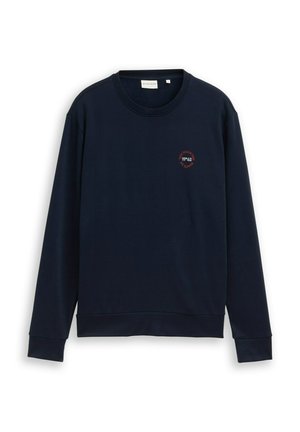 Felpa a maniche lunghe blu navy con collo a giro e piccolo logo circolare rosso e bianco sul lato sinistro del petto, polsini e orlo a coste.