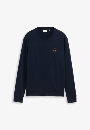Felpa a maniche lunghe blu navy con collo a giro e piccolo logo circolare rosso e bianco sul lato sinistro del petto, polsini e orlo a coste.