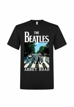 Zwarte katoenen T-shirt met een grafische print van vier figuren die op een zebrapad lopen, met "THE BEATLES ABBEY ROAD" in vetgedrukte witte tekst.