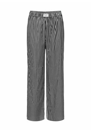 Black and white gingham-patterned pants with an elastic waistband, featuring a relaxed straight leg design and lightweight fabric.