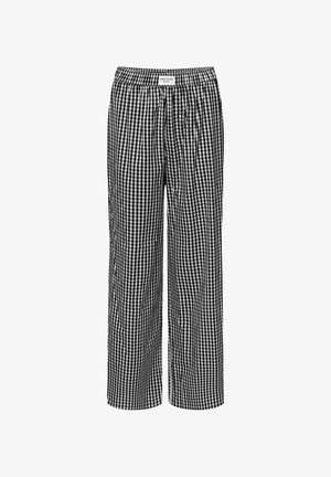 Black and white gingham-patterned pants with an elastic waistband, featuring a relaxed straight leg design and lightweight fabric.