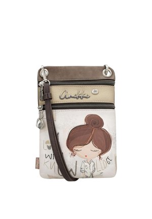 Piccola borsa a tracolla in tonalità marroni, con tasche con cerniera, un'illustrazione di una donna con chignon e il nome del marchio "Anekke" sul davanti.