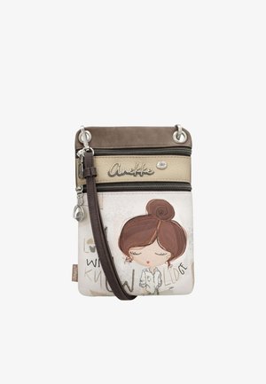 Piccola borsa a tracolla in tonalità marroni, con tasche con cerniera, un'illustrazione di una donna con chignon e il nome del marchio "Anekke" sul davanti.