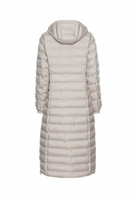 Lang, lichtbeige gewatteerde jas met capuchon, met een quiltpatroon, elastische manchetten en een rechte snit. Het heeft zijsplitten aan de onderkant.