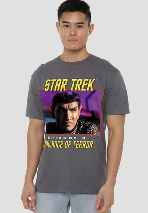 Gray cotton t-shirt featuring a colorful "Star Trek" graphic with a character's portrait and text: "Episode 9: Balance of Terror".
