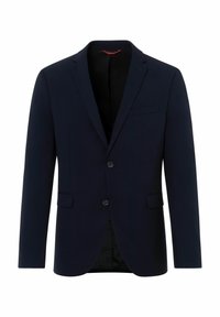 Marineblauw colbert van gladde stof. Voorzien van twee knopen, een revers met inkeping en een borstzak. Gevoerd interieur.