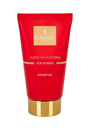 Rode tube van Gisada Switzerland Ambassadora douchegel voor vrouwen met gouden dop en gouden tekstaccenten.
