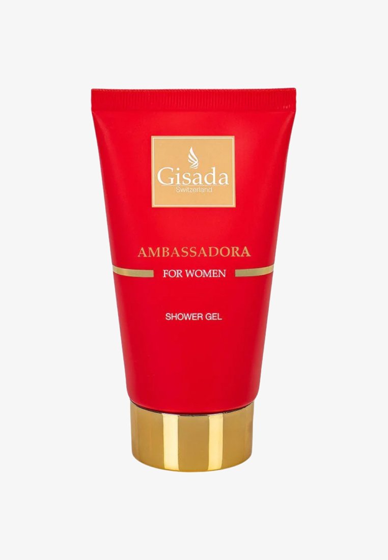 Tube rouge de gel douche Ambassadora pour femmes de Gisada Switzerland avec un bouchon doré et des accents de texte dorés.