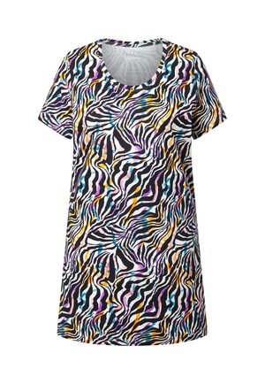 Kurzärmeliges Kleid mit rundem Ausschnitt, das schwarze und weiße Zebramuster zeigt, akzentuiert durch abstrakte Pinselstriche in Lila, Blau und Orange.