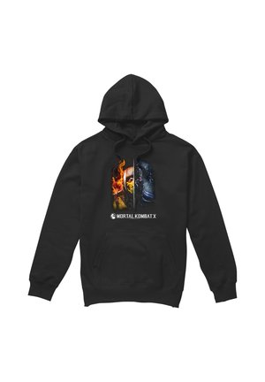 Black hoodie with a split-face graphic of Mortal Kombat X characters Scorpion with flames and Sub-Zero with ice, and the game title below.