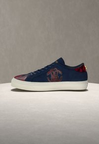 Μπλε παπούτσι τύπου low-top με κόκκινες λεπτομέρειες με σχέδια, λευκή σόλα και διακοσμητικό σχέδιο στο πλάι, εκτιθέμενο σε ανοιχτή στρογγυλή επιφάνεια.