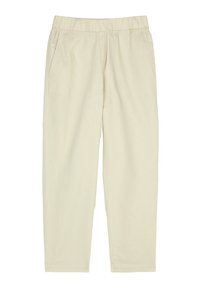 Ljusbeige byxor med elastisk midja, två sidofickor och rak bendesign. Tillverkade av mjukt, strukturerat tyg.