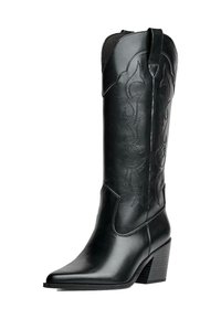 Black leather cowboy boot with pointed toe, high shaft, and decorative stitching. Features a stacked heel and pull tabs for easy wear.