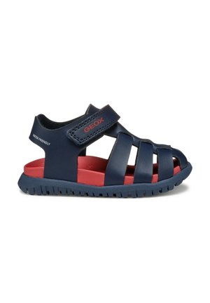 Sandalo per bambini blu navy e rosso, adatto all'acqua, con cinturino regolabile e suola robusta.