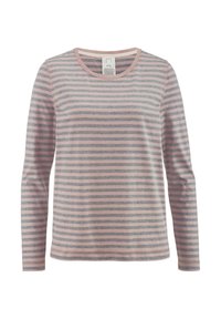 Long-sleeve shirt in soft fabric featuring light pink and gray horizontal stripes, round neckline, and visible stitching details.