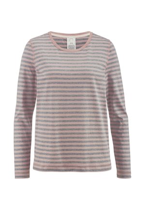 Langärmliges Shirt aus weichem Stoff mit hellrosa und grauen horizontalen Streifen, Rundhalsausschnitt und sichtbaren Steppnähten.