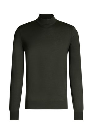 Maglione dolcevita verde scuro con maniche lunghe, realizzato in tessuto leggero e liscio. Presenta polsini e colletto a costo.