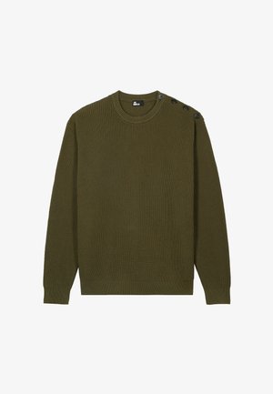 Olivgrüner gestrickter Pullover mit langen Ärmeln, Rundhalsausschnitt und vier schwarzen Knöpfen entlang der linken Schulternaht.