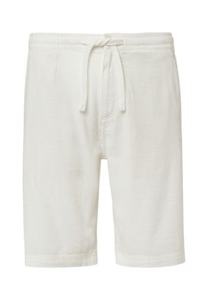 Pantaloni corti bianchi in cotone con cintura elastica e cordoncino, caratterizzati da un tessuto testurizzato, due tasche laterali e una vestibilità dritta.