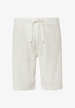 Pantaloni corti bianchi in cotone con cintura elastica e cordoncino, caratterizzati da un tessuto testurizzato, due tasche laterali e una vestibilità dritta.