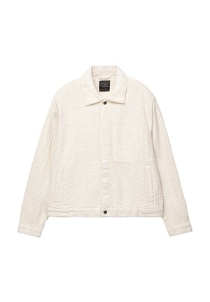 White textured jacket featuring a collar, button front, two side pockets, and a subtle pattern throughout the fabric.