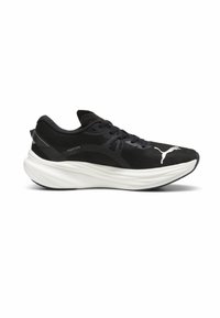 Black running shoe with a textured upper, featuring a padded collar, laces, and a white stripe design. The sole is thick and cushioned.