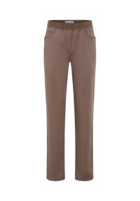 Pantaloni marroni a gamba dritta con una vita elastica, due tasche frontali e una texture di tessuto liscia. Design minimalista, senza motivi né decorazioni.