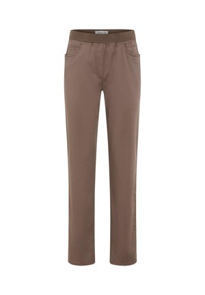 Pantaloni marroni a gamba dritta con una vita elastica, due tasche frontali e una texture di tessuto liscia. Design minimalista, senza motivi né decorazioni.
