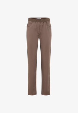 Pantalon marron à jambe droite avec une taille élastique, deux poches avant et une texture de tissu lisse. Design minimaliste, sans motifs ni ornements.