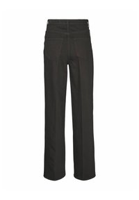 Pantalones de mezclilla negros con corte recto, que cuentan con dos bolsillos traseros, costuras visibles y un diseño de cintura alta.