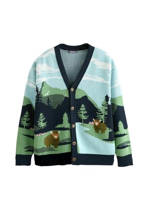 Nuppudega kootud kardigan mägimaastiku disainiga, millel on puud, jõgi ja kaks pruuni looma rohelisel ja sinisel taustal.