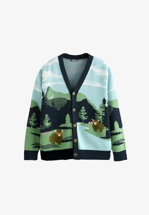 Nuppudega kootud kardigan mägimaastiku disainiga, millel on puud, jõgi ja kaks pruuni looma rohelisel ja sinisel taustal.