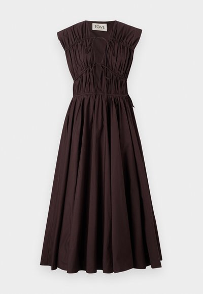 Brown, sleeveless dress with gathered bodice and drawstring detail, flared skirt, made of cotton, smooth texture, minimalistic design.