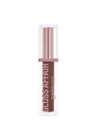 Lucidalabbra in un tubo trasparente con un cappuccio metallico rosa. L'etichetta riporta la scritta “GLOSS AFFAIR” in rosa, con un prodotto di tonalità marrone all'interno.