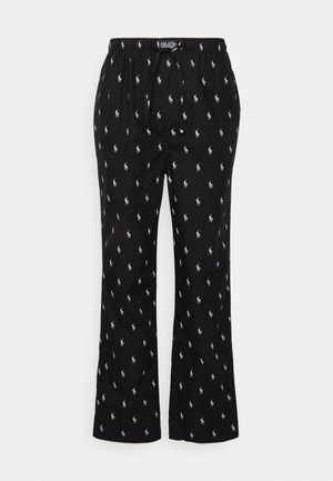 Black pants with a drawstring waistband, featuring a repeated small white polo logo pattern throughout, designed with a relaxed fit.