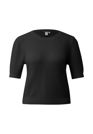 Crni pleteni džemper kratkih rukava s teksturiranim uzorkom, okruglim izrezom i rebrastim manšetama i rubom.