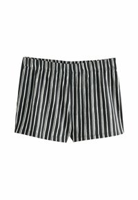 Black and white striped shorts with an elastic waistband, made of a lightweight fabric. Straight cut and smooth texture.