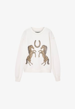 Biała bluza z haftowanym wzorem dwóch kozłujących się koni oraz podkowy w złotych i brązowych tonach. Długie rękawy, okrągły dekolt.