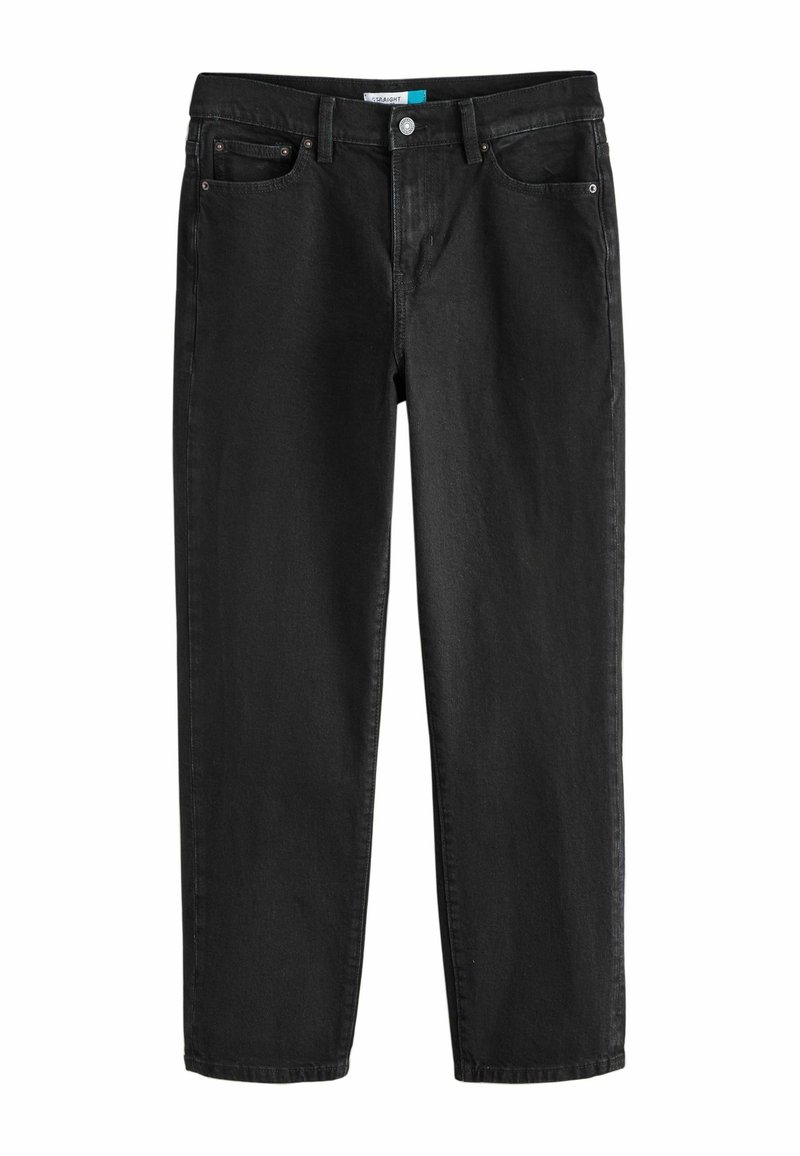 Jeans negre din denim cu un design cu picior drept, având un stil clasic cu cinci buzunare, închidere cu buton metalic și detalii de cusut subtile.