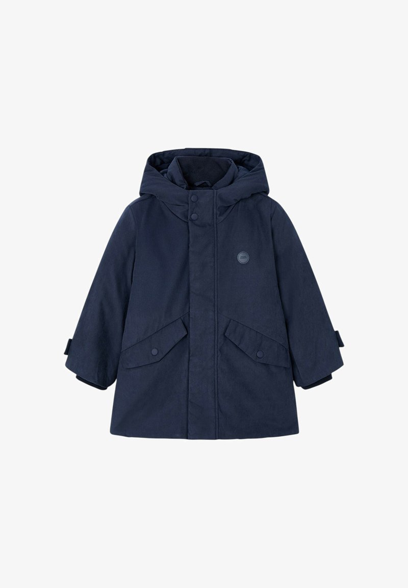 Giacca invernale per bambini color blu navy con cappuccio, bottoni a pressione anteriori, tasche con patta e maniche lunghe con cinturini regolabili ai polsi.