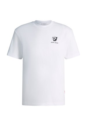 T-shirt blanc à manches courtes avec un motif floral noir et le texte « JOOP! JEANS » sur la poitrine gauche, col rond, design sobre.
