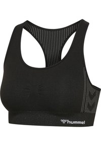 Svart sportbehå med texturerad kropp, mesh-bak och korsade remmar. Har en logotyp nära botten och en subtil mönstring på sidorna.