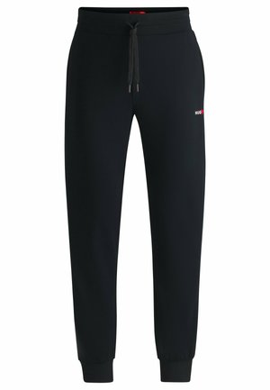 Zwarte sweatpants met een elastische tailleband met trekkoord, taps toelopende benen en een klein logo op de linker bovenbeen. Zachte stofstructuur.
