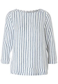 Blusa a righe bianca e blu, con maniche a tre quarti, scollo tondo e vestibilità comoda. Tessuto leggero e strutturato.