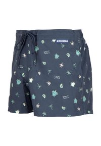 Shorts de bain navy avec cordon de serrage, présentant un motif de tortues et de coquillages en vert et crème, fabriqués en tissu léger.